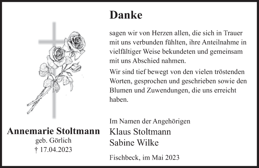  Traueranzeige für Annemarie Stoltmann vom 20.05.2023 aus Deister- und Weserzeitung
