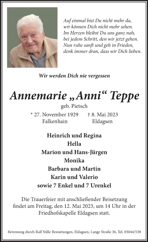  Traueranzeige für Annemarie Teppe vom 10.05.2023 aus Neue Deister-Zeitung