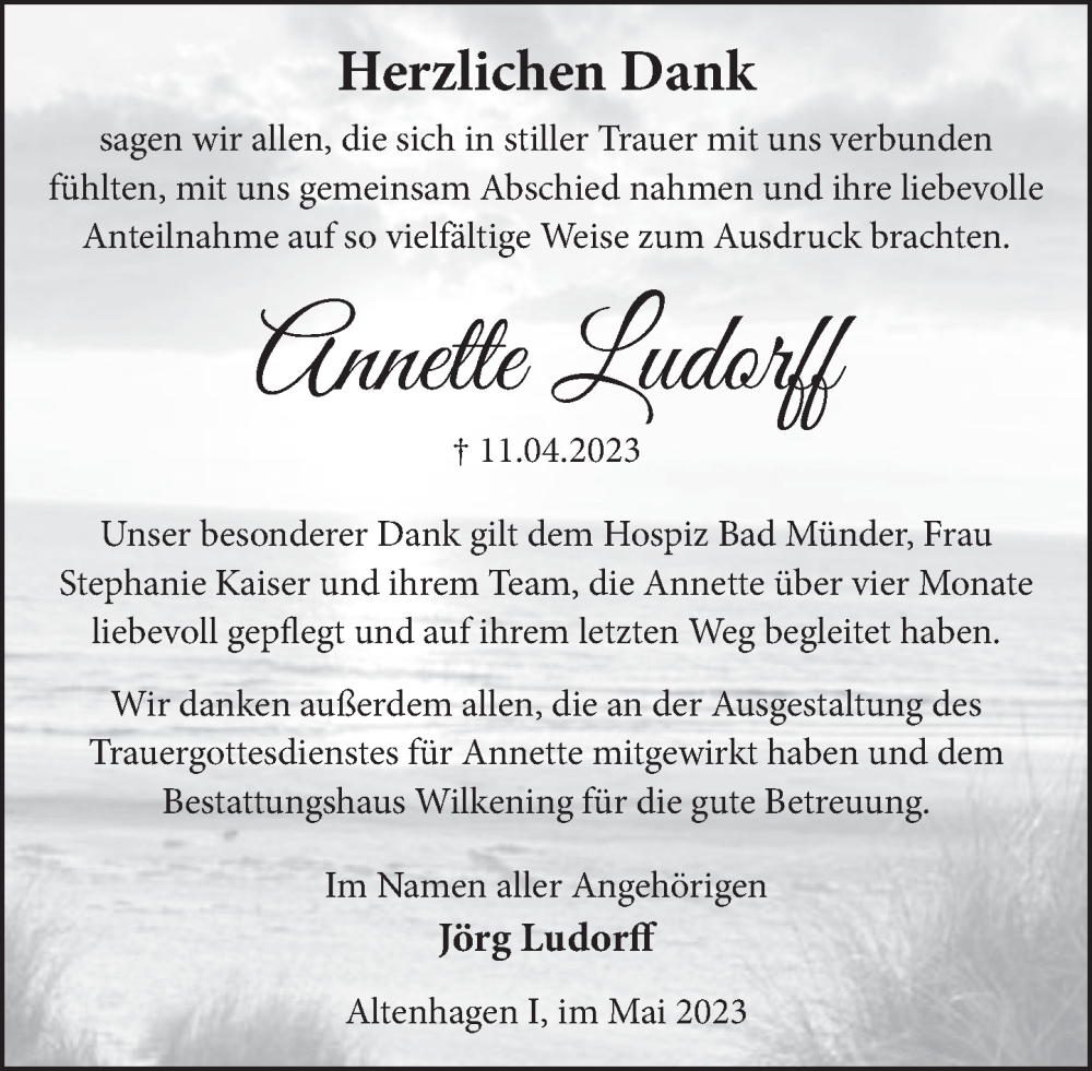  Traueranzeige für Annette Ludorff vom 13.05.2023 aus Neue Deister-Zeitung