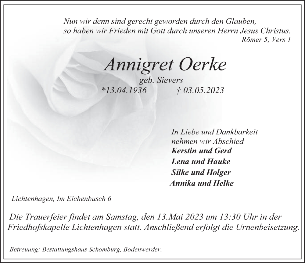 Traueranzeige für Annigret Oerke vom 10.05.2023 aus Deister- und Weserzeitung