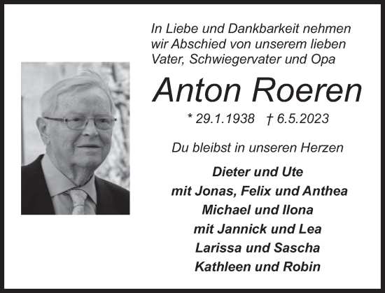Traueranzeige von Anton Roeren von Deister- und Weserzeitung