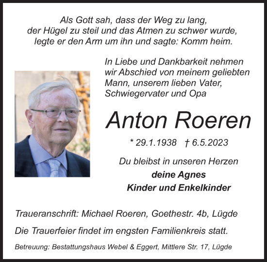 Traueranzeige von Anton Roeren von Deister- und Weserzeitung