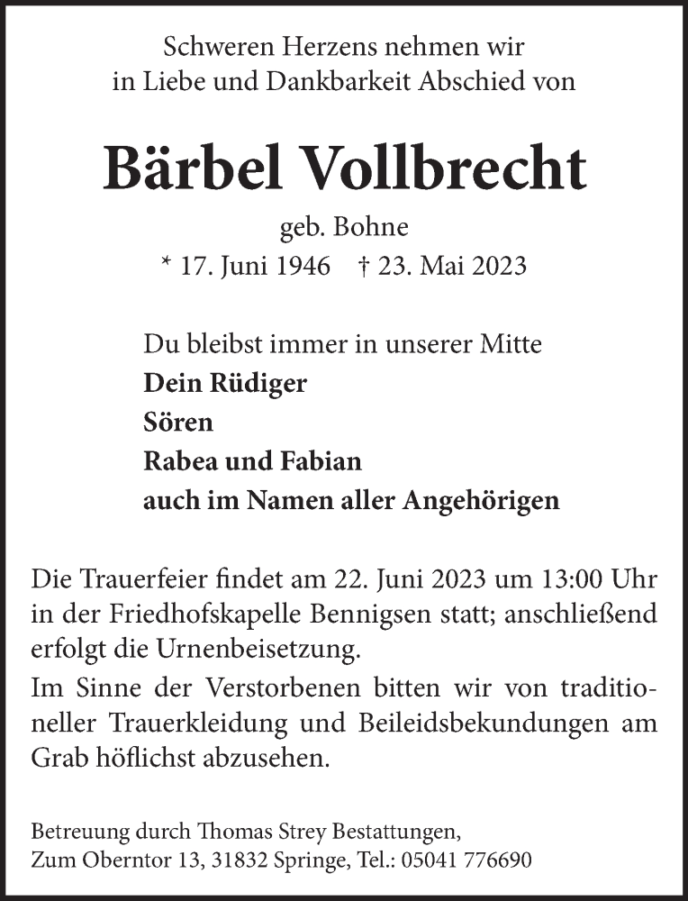  Traueranzeige für Bärbel Vollbrecht vom 17.06.2023 aus Neue Deister-Zeitung