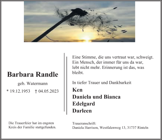 Traueranzeige von Barbara Randle von Deister- und Weserzeitung