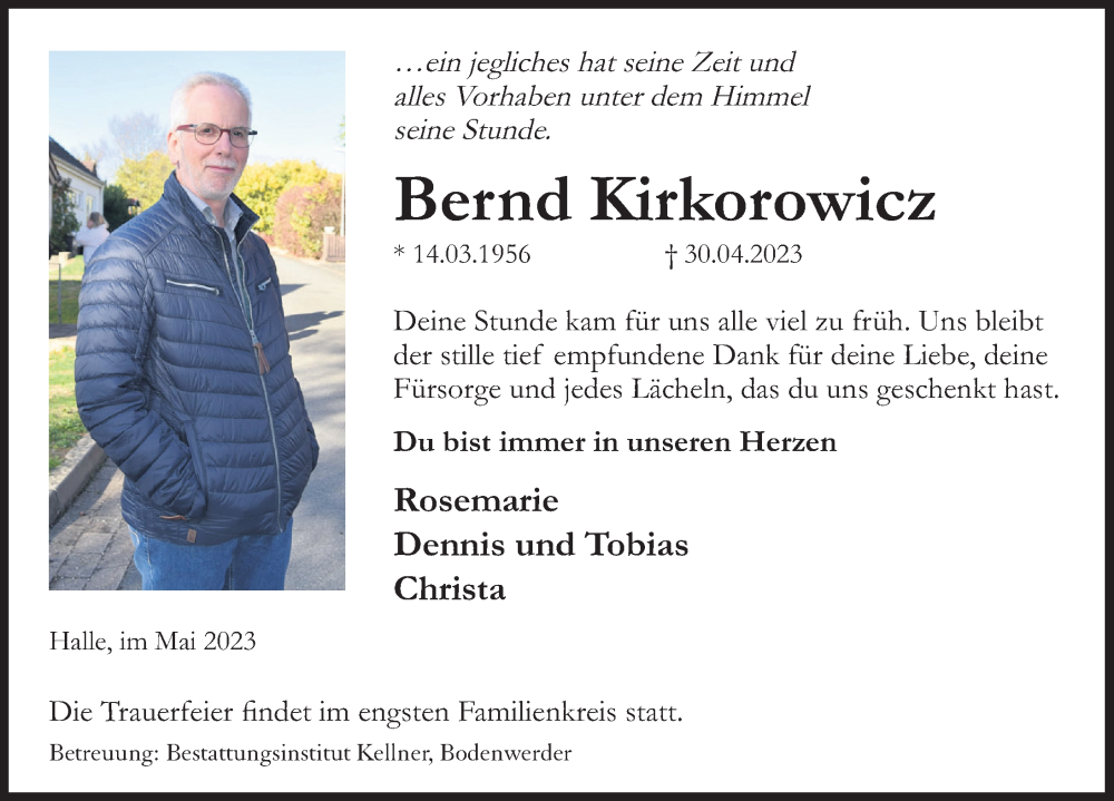  Traueranzeige für Bernd Kirkorowicz vom 13.05.2023 aus Deister- und Weserzeitung