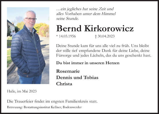 Traueranzeige von Bernd Kirkorowicz von Deister- und Weserzeitung