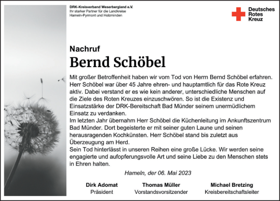 Traueranzeige von Bernd Schöbel von Neue Deister-Zeitung