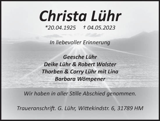 Traueranzeige von Christa Lühr von Deister- und Weserzeitung