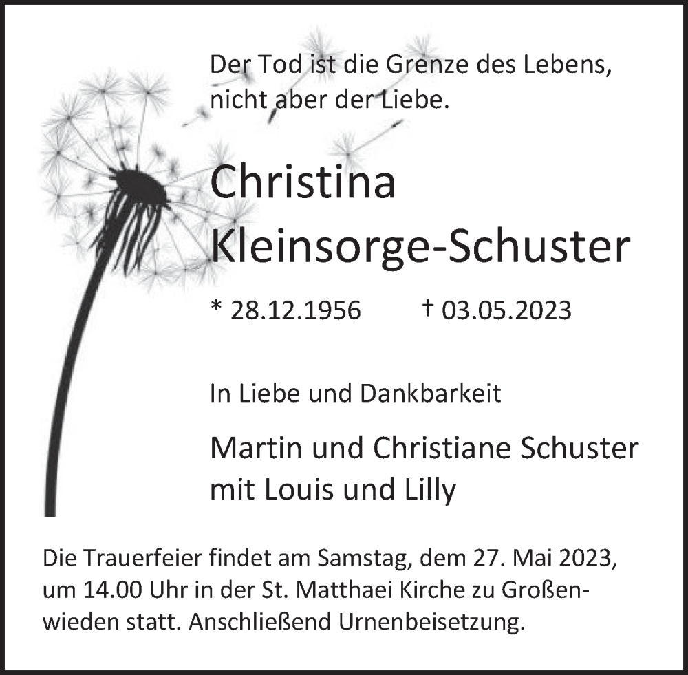  Traueranzeige für Christina Kleinsorge-Schuster vom 20.05.2023 aus Deister- und Weserzeitung