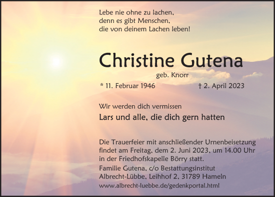 Traueranzeige von Christine Gutena von Deister- und Weserzeitung