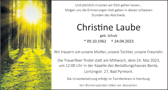 Traueranzeige von Christine Laube von Deister- und Weserzeitung