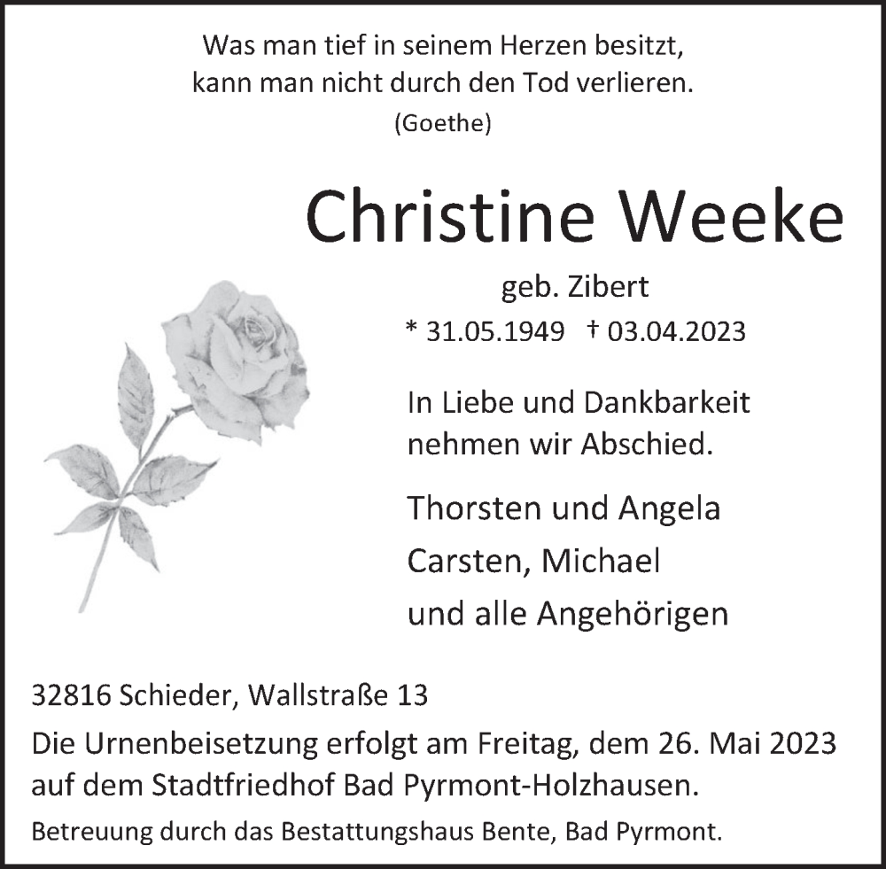  Traueranzeige für Christine Weeke vom 26.05.2023 aus Deister- und Weserzeitung