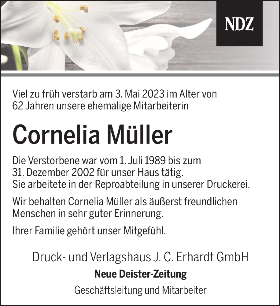  Traueranzeige für Cornelia Müller vom 20.05.2023 aus Neue Deister-Zeitung