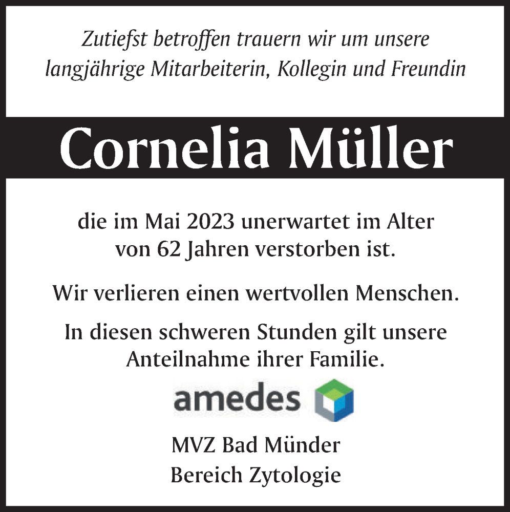  Traueranzeige für Cornelia Müller vom 20.05.2023 aus Neue Deister-Zeitung