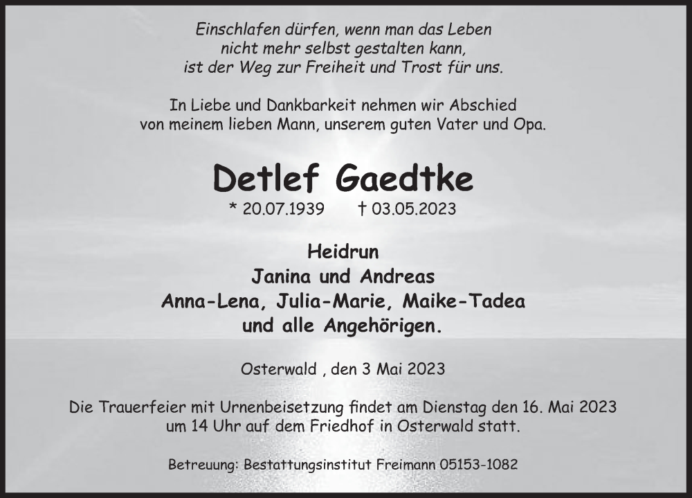  Traueranzeige für Detlef Gaedtke vom 13.05.2023 aus Deister- und Weserzeitung