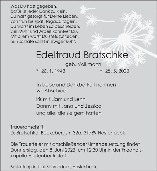 Traueranzeige von Edeltraud Bratschke von Deister- und Weserzeitung