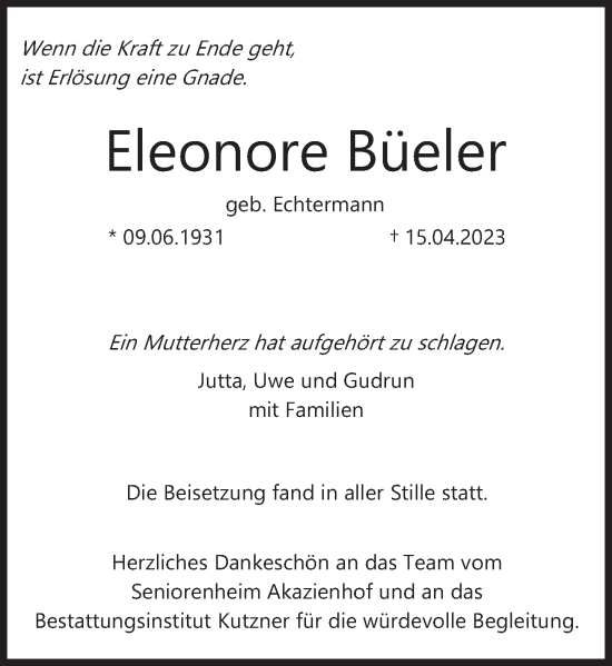 Traueranzeige von Eleonore Büeler von Deister- und Weserzeitung