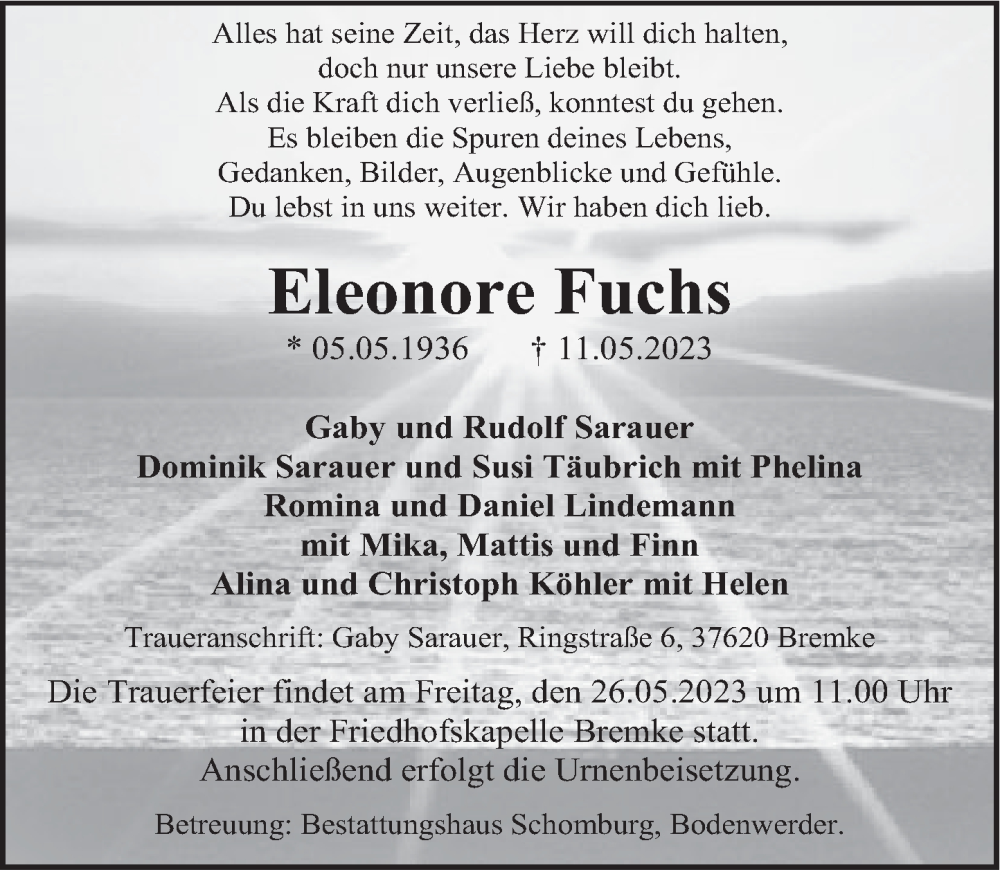  Traueranzeige für Eleonore Fuchs vom 22.05.2023 aus Deister- und Weserzeitung
