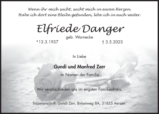 Traueranzeige von Elfriede Danger von Deister- und Weserzeitung