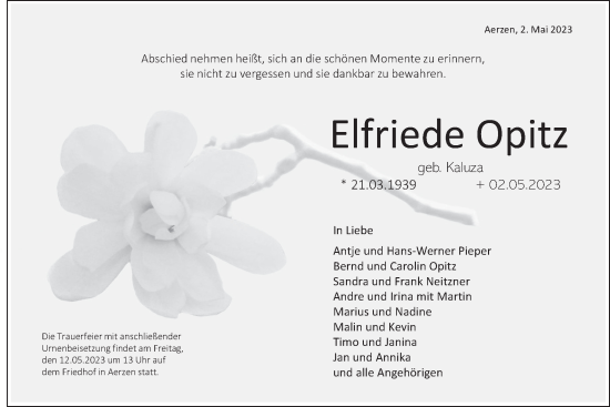 Traueranzeige von Elfriede Opitz von Deister- und Weserzeitung