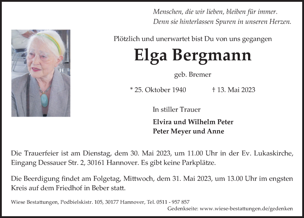  Traueranzeige für Elga Bergmann vom 24.05.2023 aus Neue Deister-Zeitung