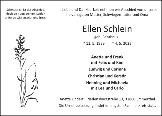 Traueranzeige von Ellen Schlein von Deister- und Weserzeitung