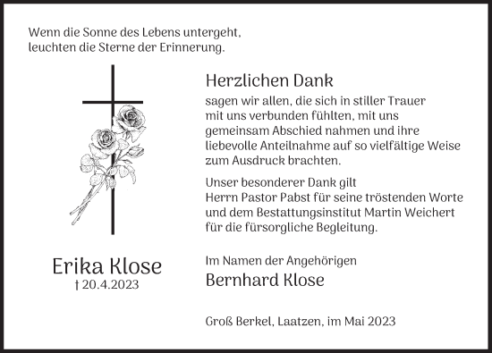 Traueranzeige von Erika Klose von Deister- und Weserzeitung