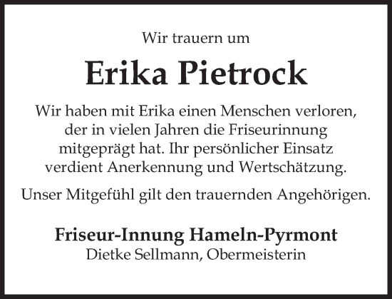 Traueranzeige von Erika Pietrock von Deister- und Weserzeitung