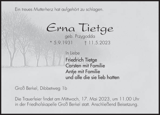 Traueranzeige von Erna Tietge von Deister- und Weserzeitung