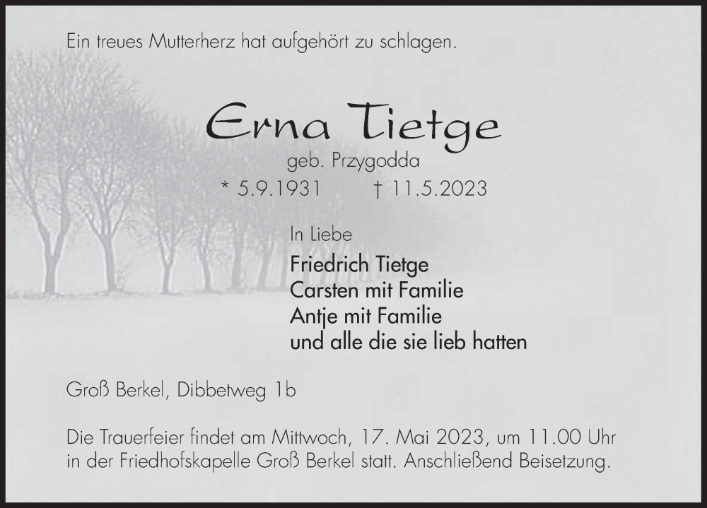  Traueranzeige für Erna Tietge vom 16.05.2023 aus Deister- und Weserzeitung