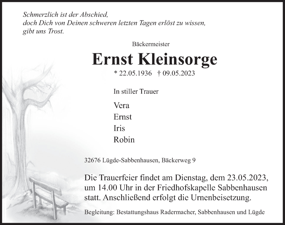  Traueranzeige für Ernst Kleinsorge vom 20.05.2023 aus Deister- und Weserzeitung