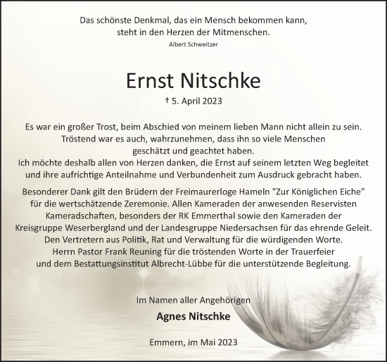 Traueranzeige von Ernst Nitschke von Deister- und Weserzeitung