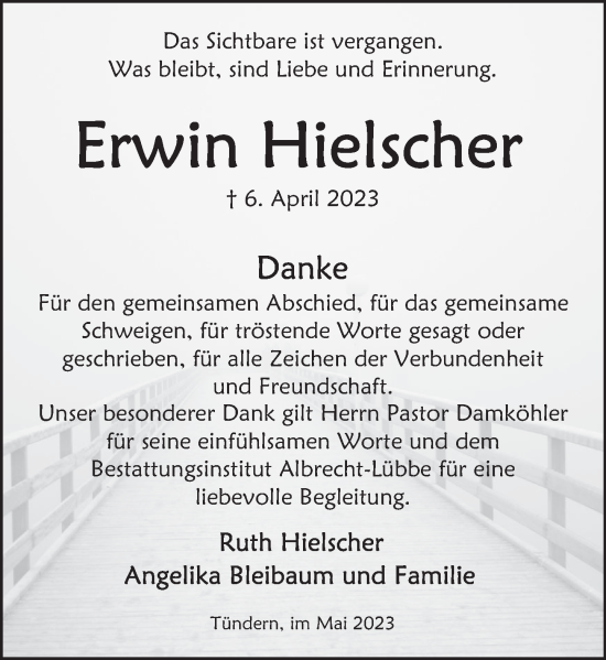 Traueranzeige von Erwin Hielscher von Deister- und Weserzeitung
