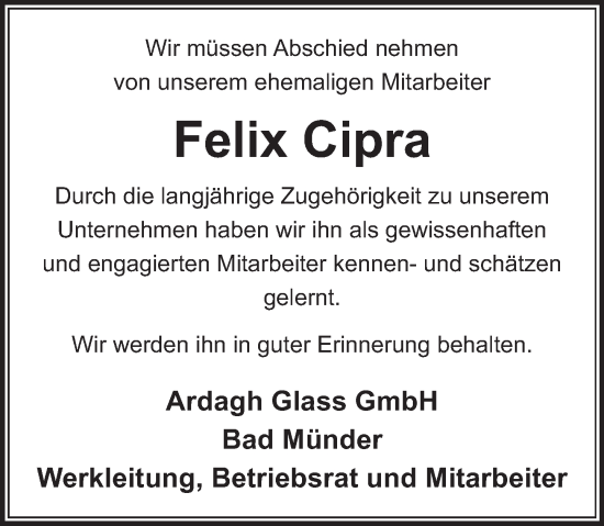 Traueranzeige von Felix Cipra von Neue Deister-Zeitung