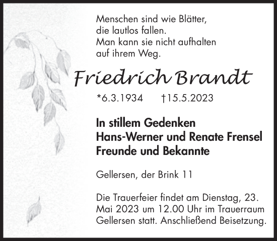 Traueranzeige von Friedrich Brandt von Deister- und Weserzeitung