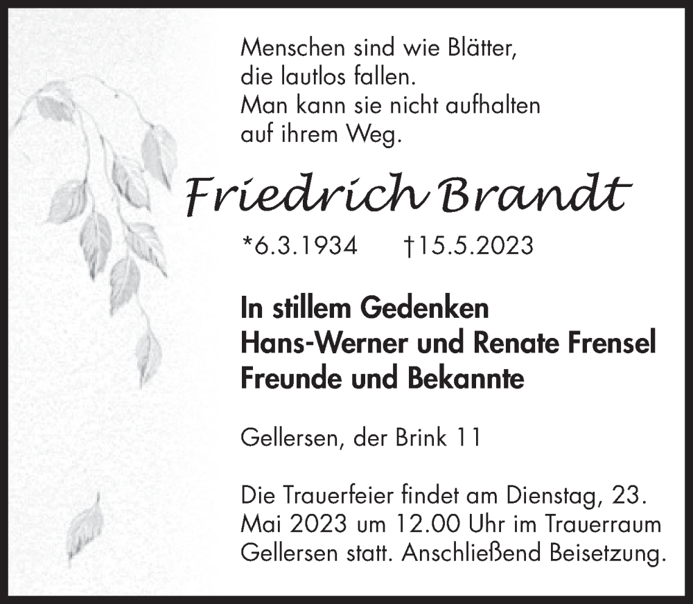  Traueranzeige für Friedrich Brandt vom 20.05.2023 aus Deister- und Weserzeitung