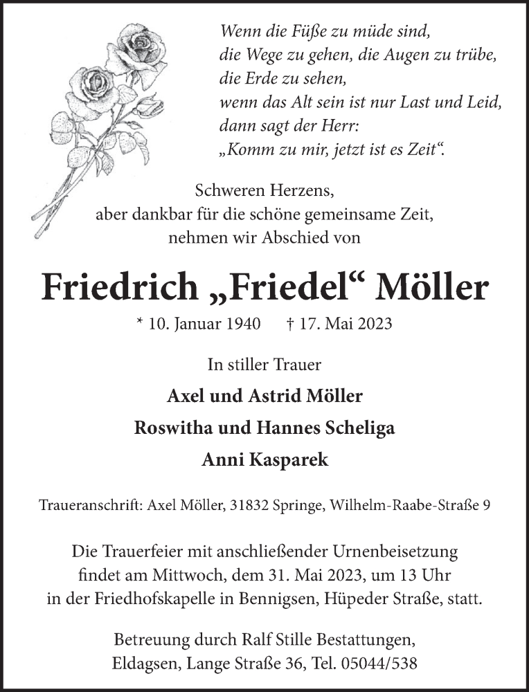  Traueranzeige für Friedrich Möller vom 27.05.2023 aus Neue Deister-Zeitung