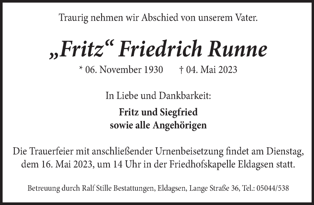  Traueranzeige für Friedrich Runne vom 13.05.2023 aus Neue Deister-Zeitung