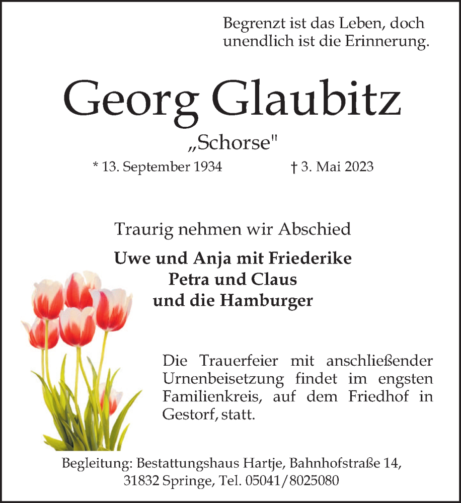  Traueranzeige für Georg Glaubitz vom 13.05.2023 aus Neue Deister-Zeitung