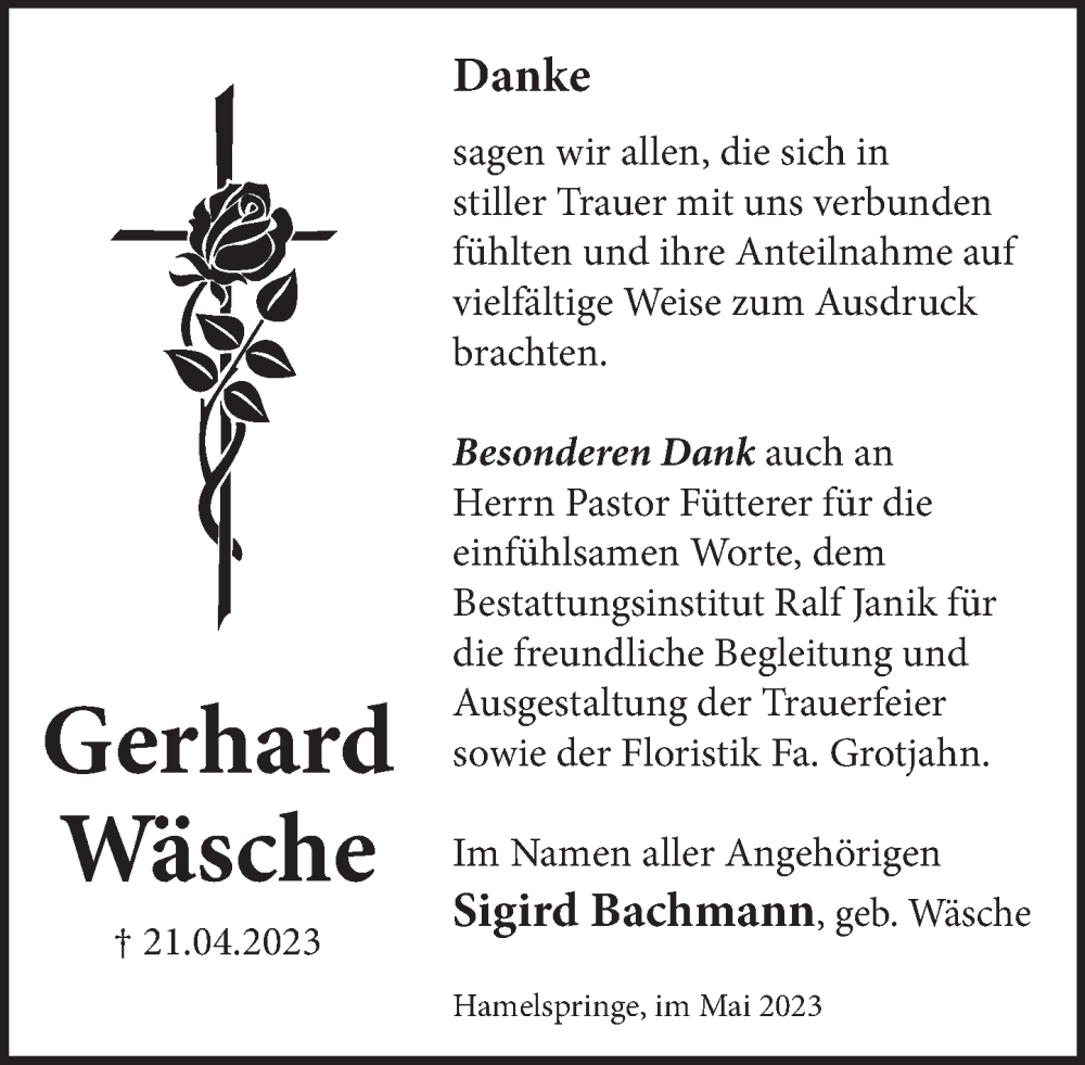  Traueranzeige für Gerhard Wäsche vom 27.05.2023 aus Neue Deister-Zeitung