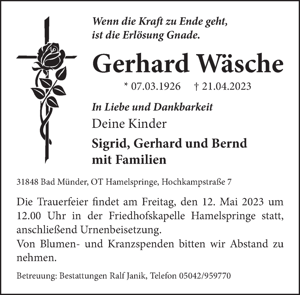  Traueranzeige für Gerhard Wäsche vom 06.05.2023 aus Neue Deister-Zeitung