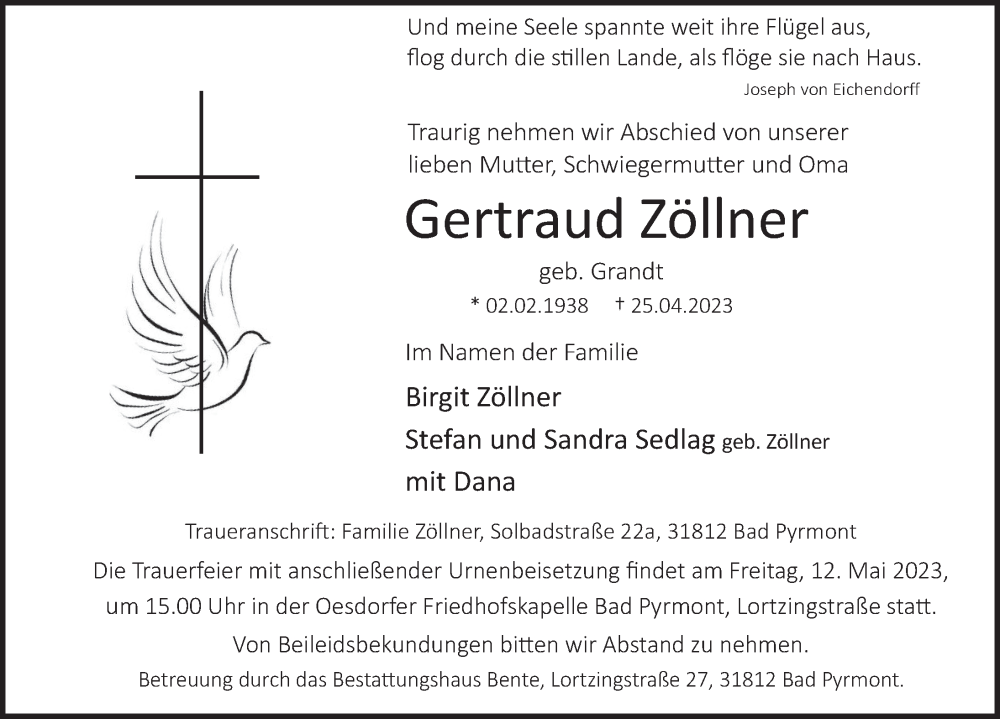  Traueranzeige für Gertraud Zöllner vom 06.05.2023 aus Deister- und Weserzeitung