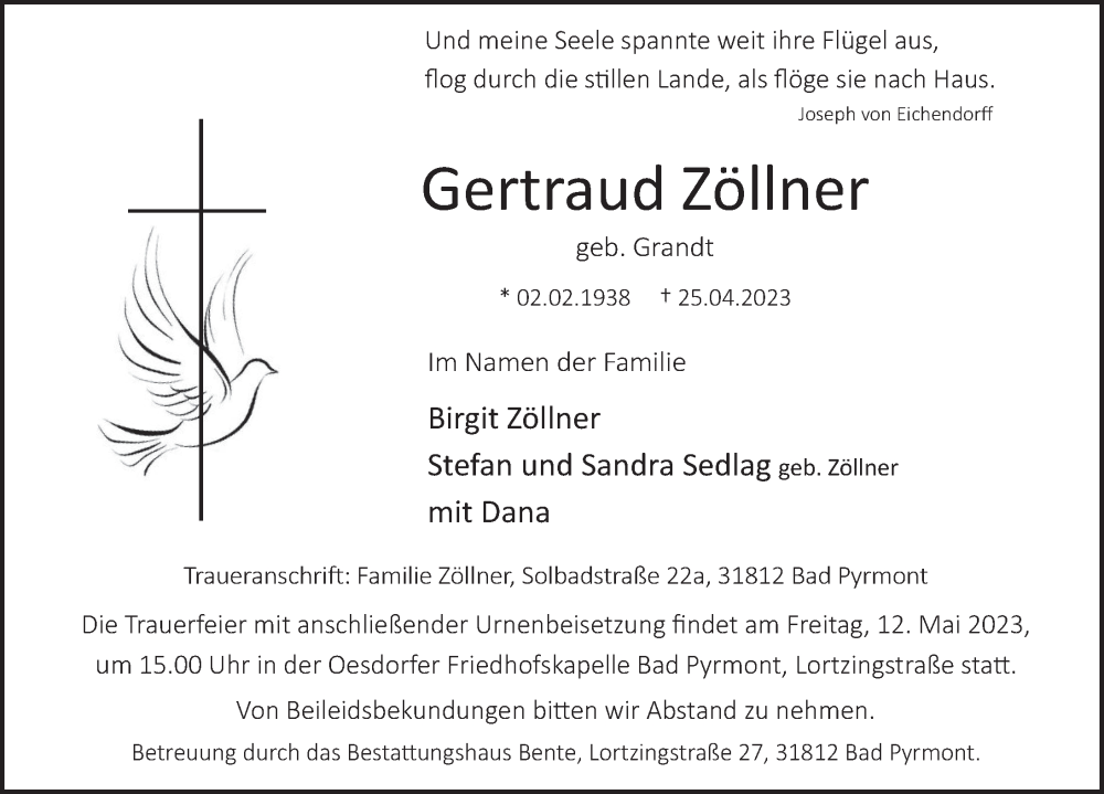  Traueranzeige für Gertraud Zöllner vom 06.05.2023 aus Deister- und Weserzeitung