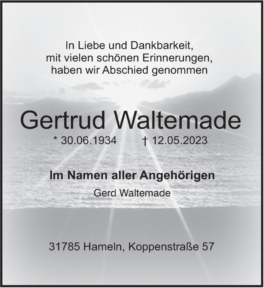  Traueranzeige für Gertrud Waltemade vom 27.05.2023 aus Deister- und Weserzeitung