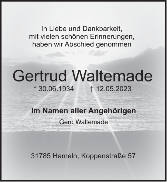 Traueranzeige von Gertrud Waltemade von Deister- und Weserzeitung