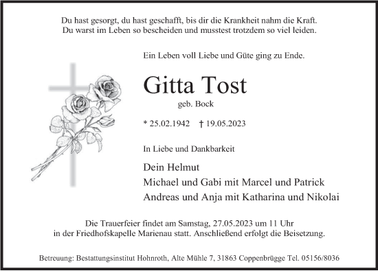 Traueranzeige von Gitta Tost von Deister- und Weserzeitung