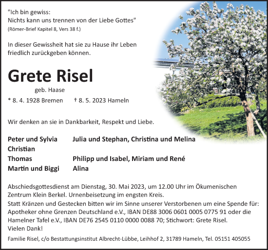 Traueranzeige von Grete Risel von Deister- und Weserzeitung