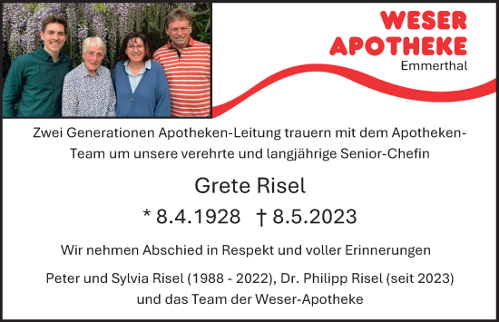 Traueranzeige von Grete Risel von Deister- und Weserzeitung