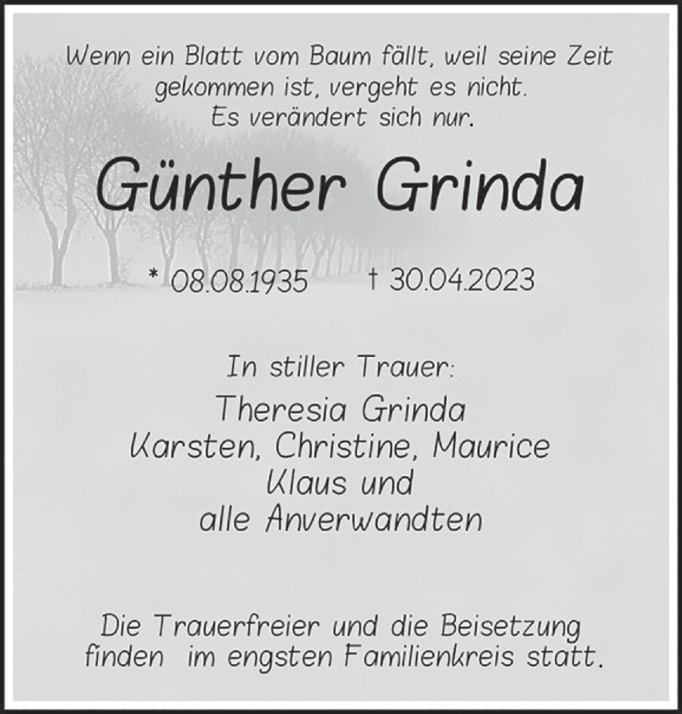  Traueranzeige für Günther Grinda vom 05.05.2023 aus Deister- und Weserzeitung