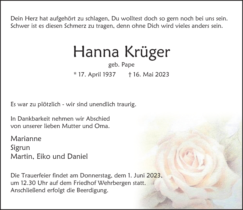  Traueranzeige für Hanna Krüger vom 25.05.2023 aus Deister- und Weserzeitung